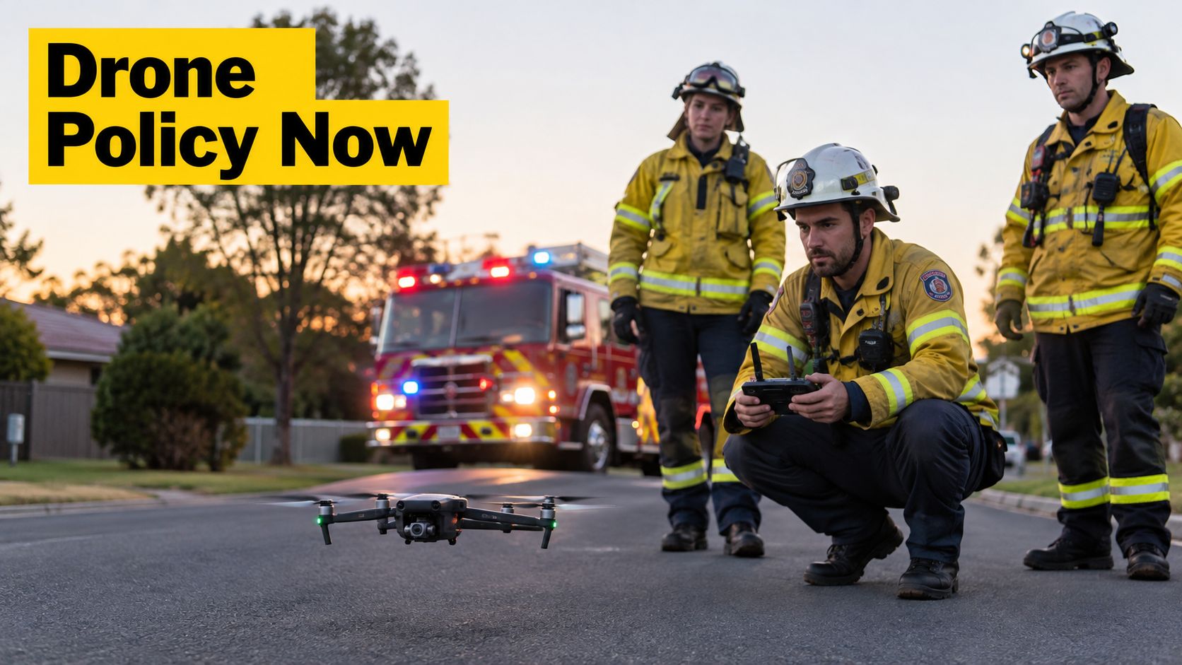 A firefighter in protective gear uses a remote controller to fly a drone on a street.