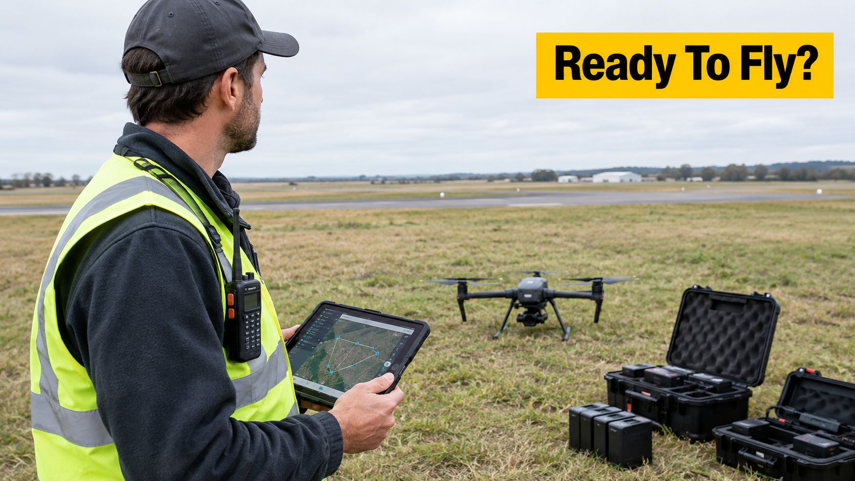 A drone operator wearing a high-visibility vest prepares for flight with a tablet and Icom IC-A16E radio.