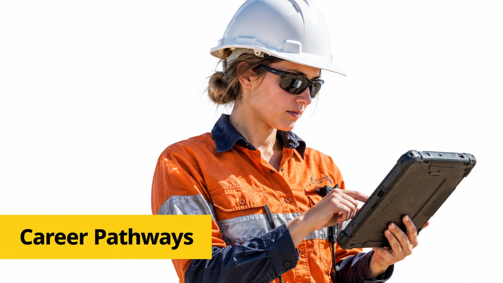 A female industrial worker wearing a hard hat and safety gear while using a rugged digital tablet.