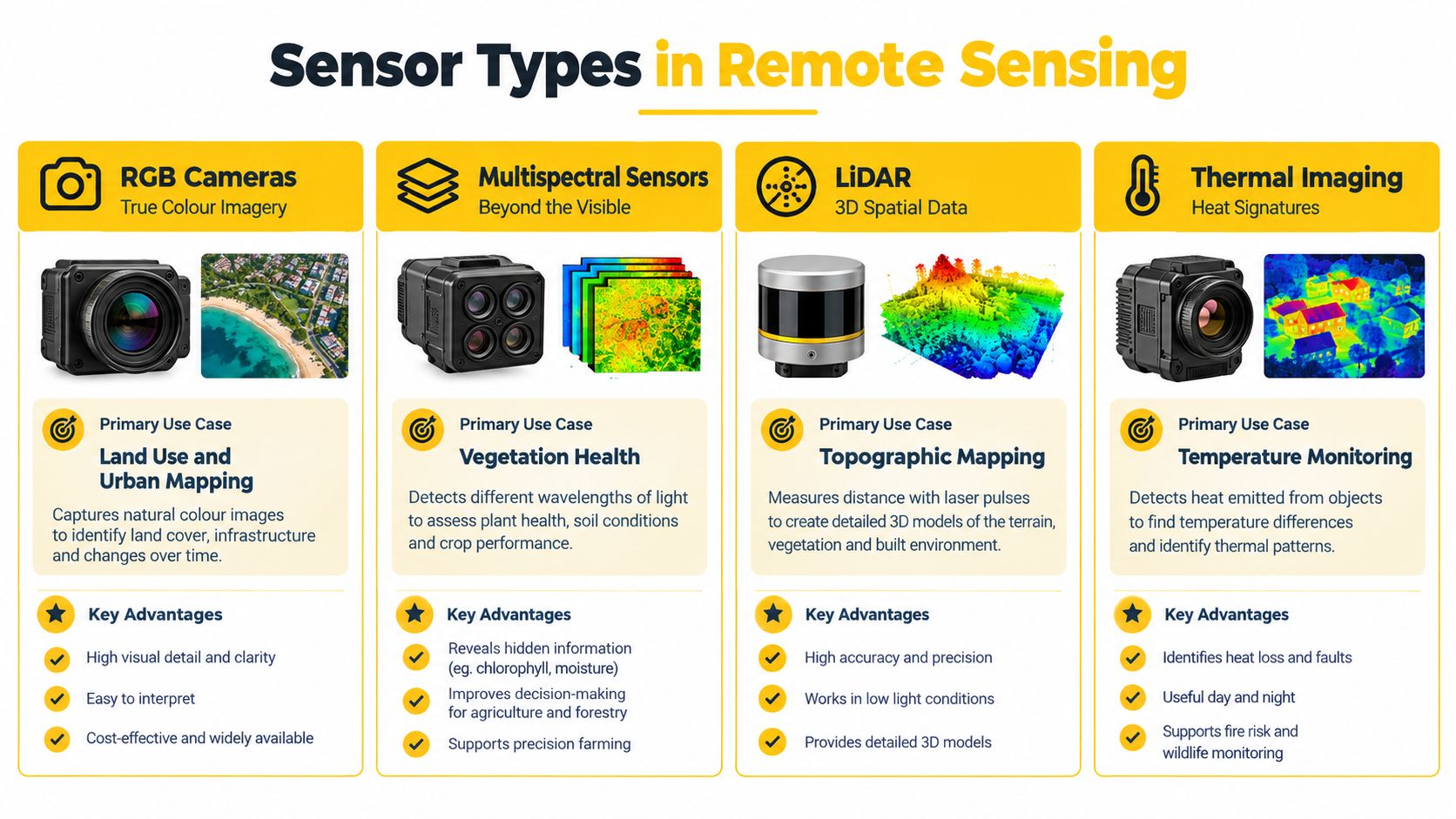 An infographic illustrating four types of remote sensing sensors: RGB cameras, multispectral sensors, LiDAR, and thermal imaging.