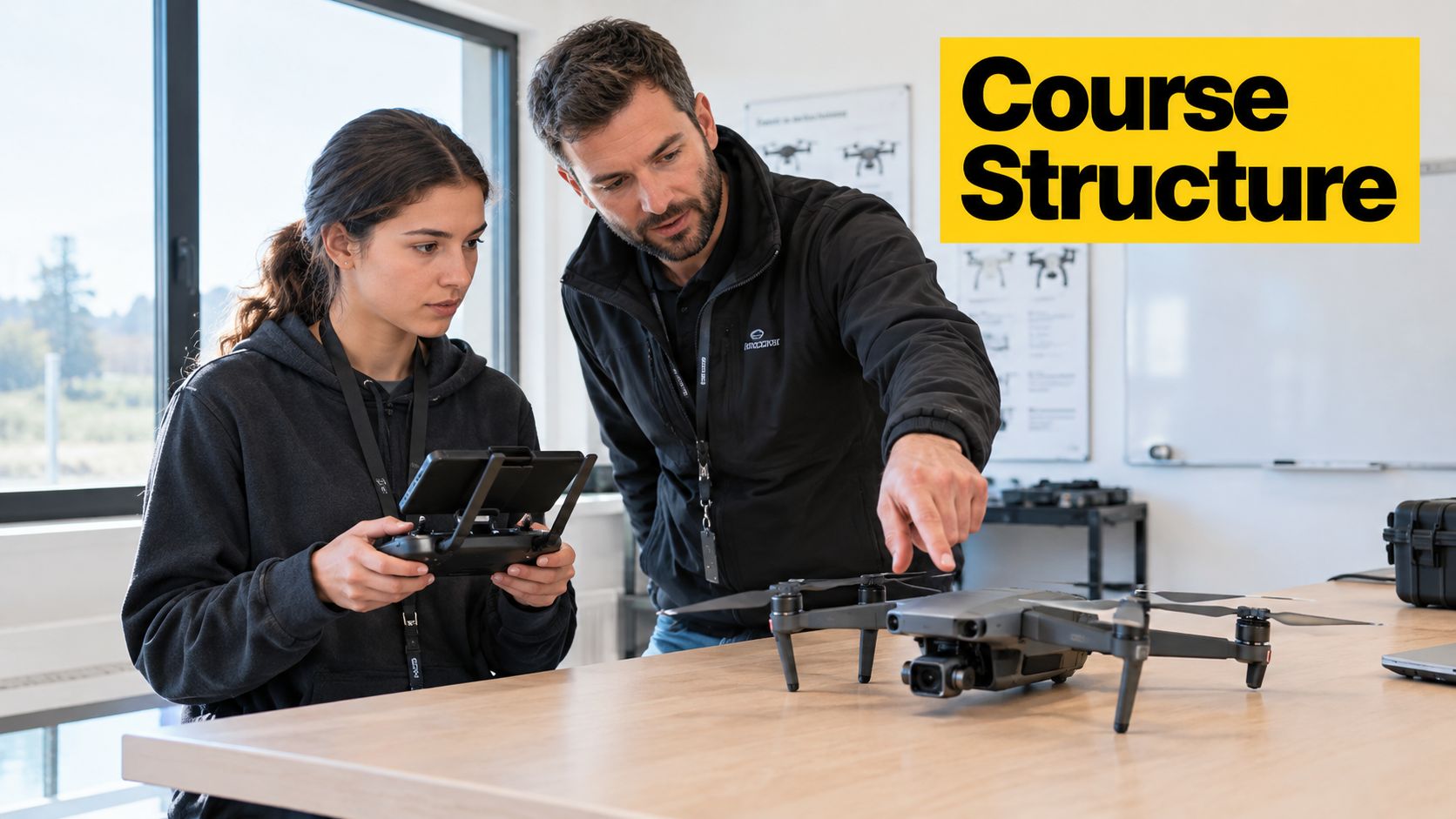An instructor guiding a student on drone operation during a professional pilot training course.