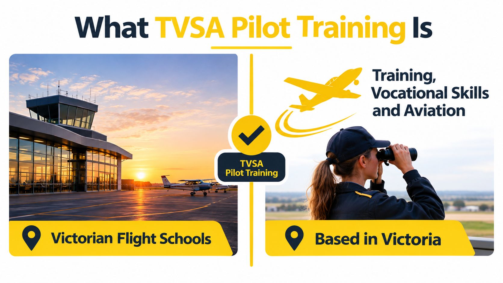 An infographic explaining TVSA Pilot Training with an airport control tower and a person looking through binoculars.